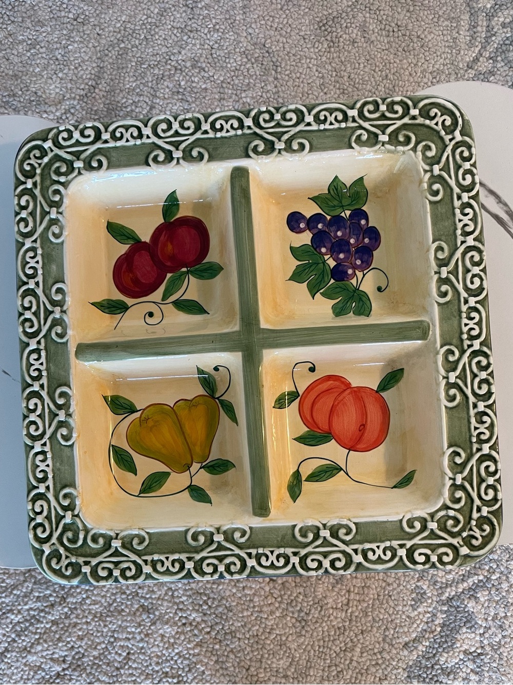 Hand-Painted Tuscan/vintage kitchen Ceramic Divided Serving Dish w fruit motifs